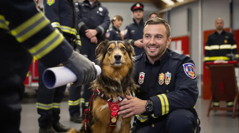 Lors d’une cérémonie traditionnelle, ce chien pompier reçoit une distinction rare en Lot-et-Garonne